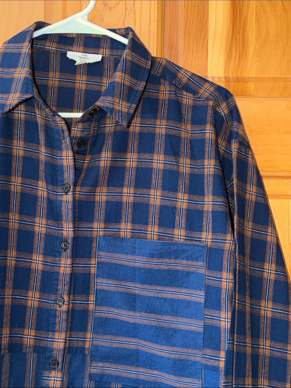 entro Navy and Brown Plaid Button-Front Blouse